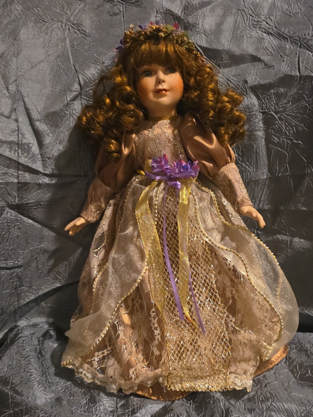 Classic Porcelain Doll in Champagne Dress with Purple Accents